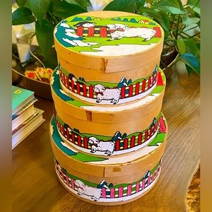 Set Of 3 Wooden Painted Nesting Boxes Farmhouse Sheep Farm Animals Nursery Decor